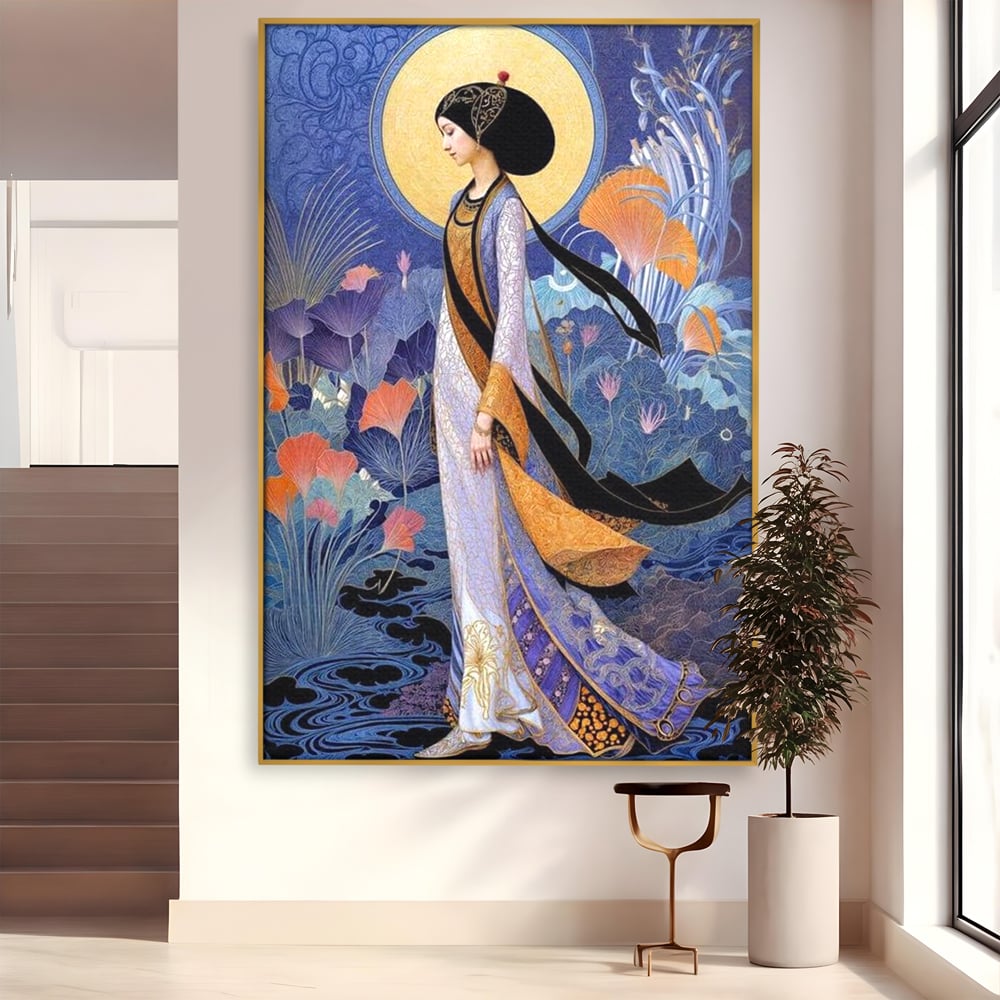 Tablou canvas cu tablou canvas cu regina in stil art nouveau, in rama de aluminiu auriu